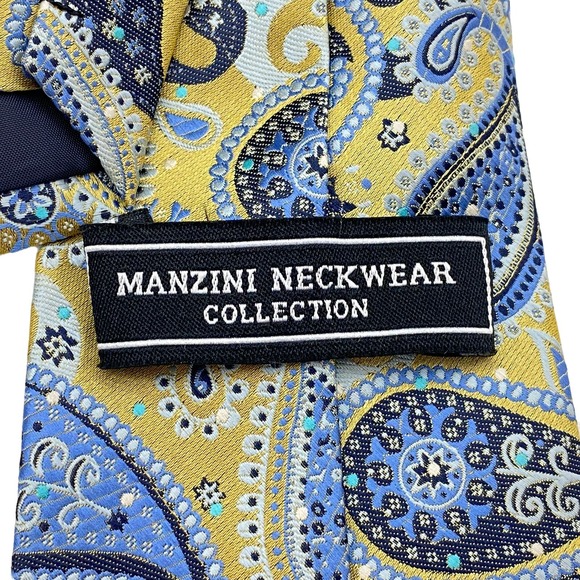 Manzini Tie‎ Mens Yellow Blue Paisley Print Polyester Abstract Necktie - Picture 4 of 7